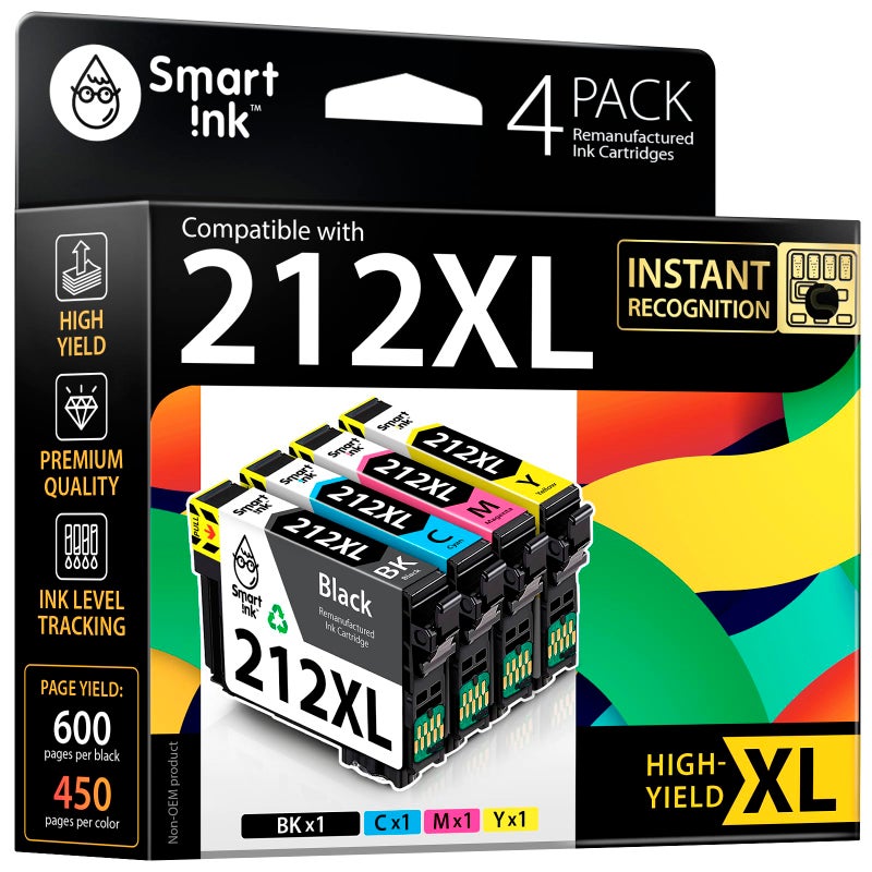 Smart Ink Remanufactured Ink Cartridges Replacement for Epson 212 212XL T212XL (Black and Cyan/Magenta/Yellow) to use with Epson Workforce series WF-2830 WF-2850 XP-4100 XP-4105 Printer (4 Combo Pack) - Image 1